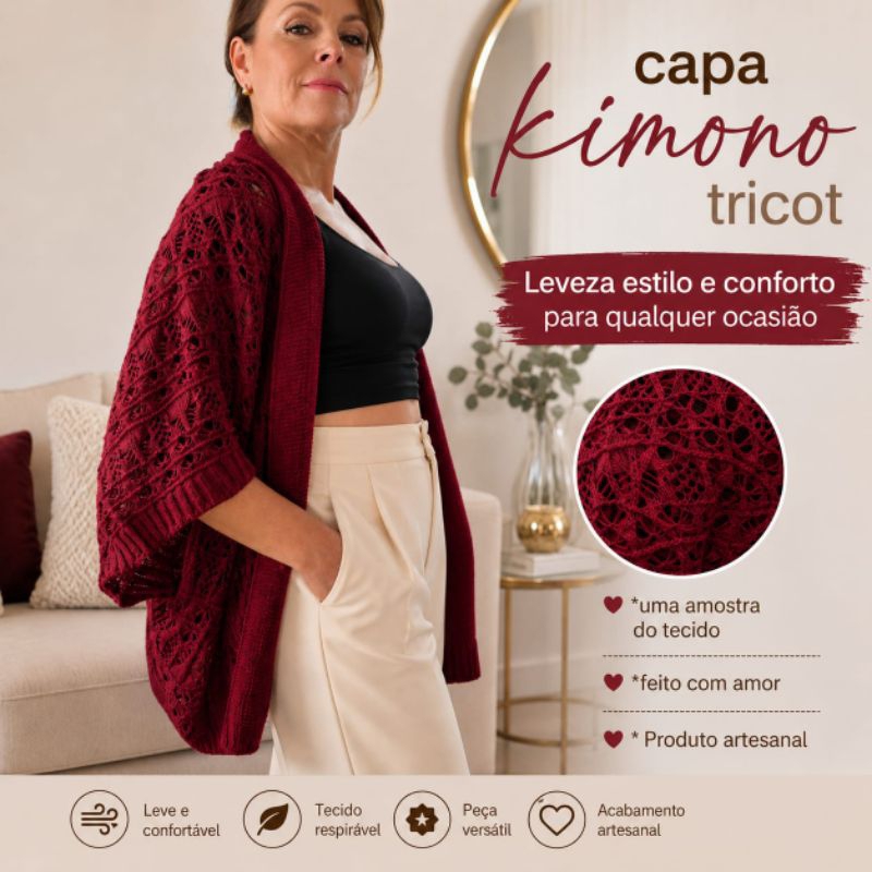 NOVO CASACO kimono Rendado Inverno Tricot Elegante Conforto e Versatilidade Tamanho Único e Plus Size