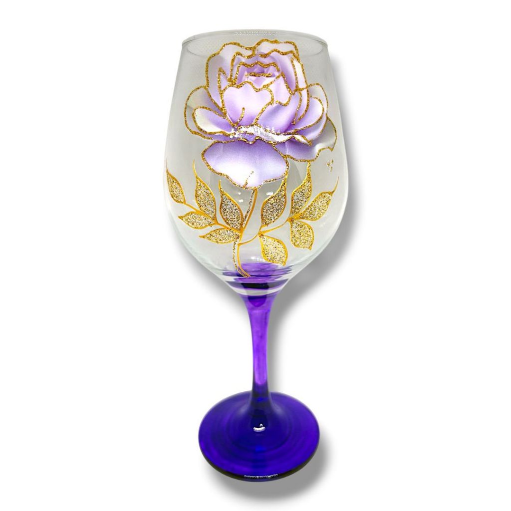Taça Pomba Gira Flor Roxa e Branca C/ Detalhes Dourados Fundo Roxo Barone 385ml - Padilha Mulambo Farrapo Dama da Noite