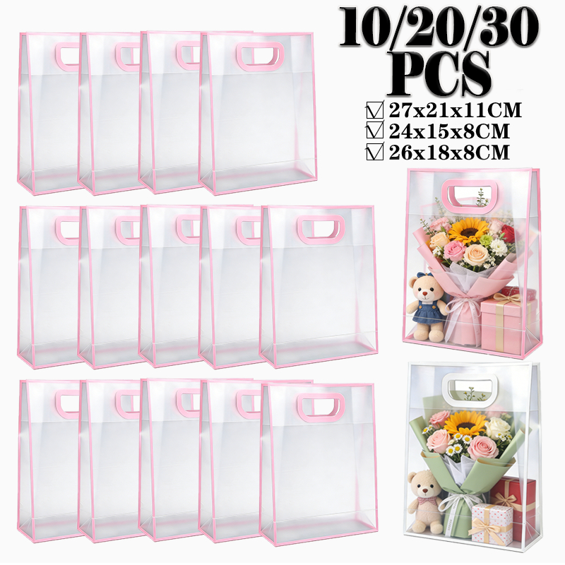 10/20/30 PCS Sacola plástica transparente para presente de aniversário, casamento, doces, sacola de compras ecológica