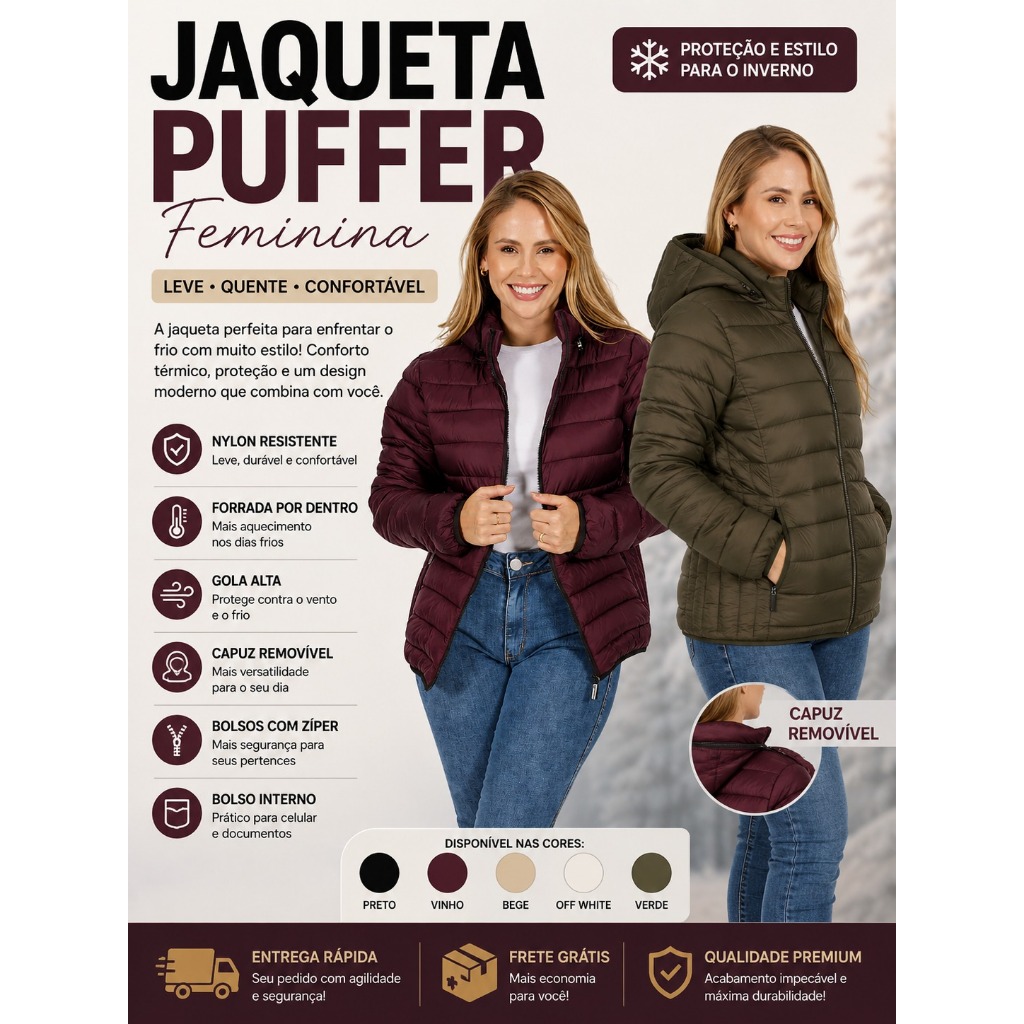 Jaqueta Puffer Feminina Nylon Capuz Removível Bobojaco Impermeável Inverno Estilosa Casual