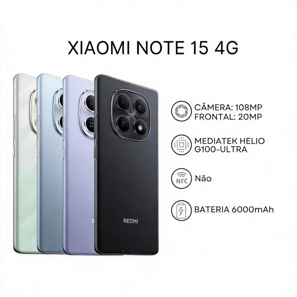 Xiaomi Redmi Note 15 4G, Câmera 108 MP, Bateria 6000mAh,128/2562GB - 6/8GB RAM
