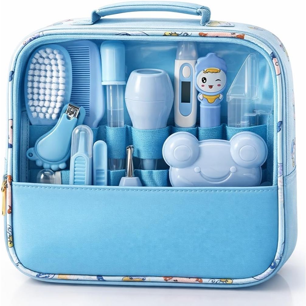 Kit Higiene Bebê 13 Peças com Bolsa Organizadora |Termômetro, Aspirador Nasal, Cortador de Unhas (AZUL)