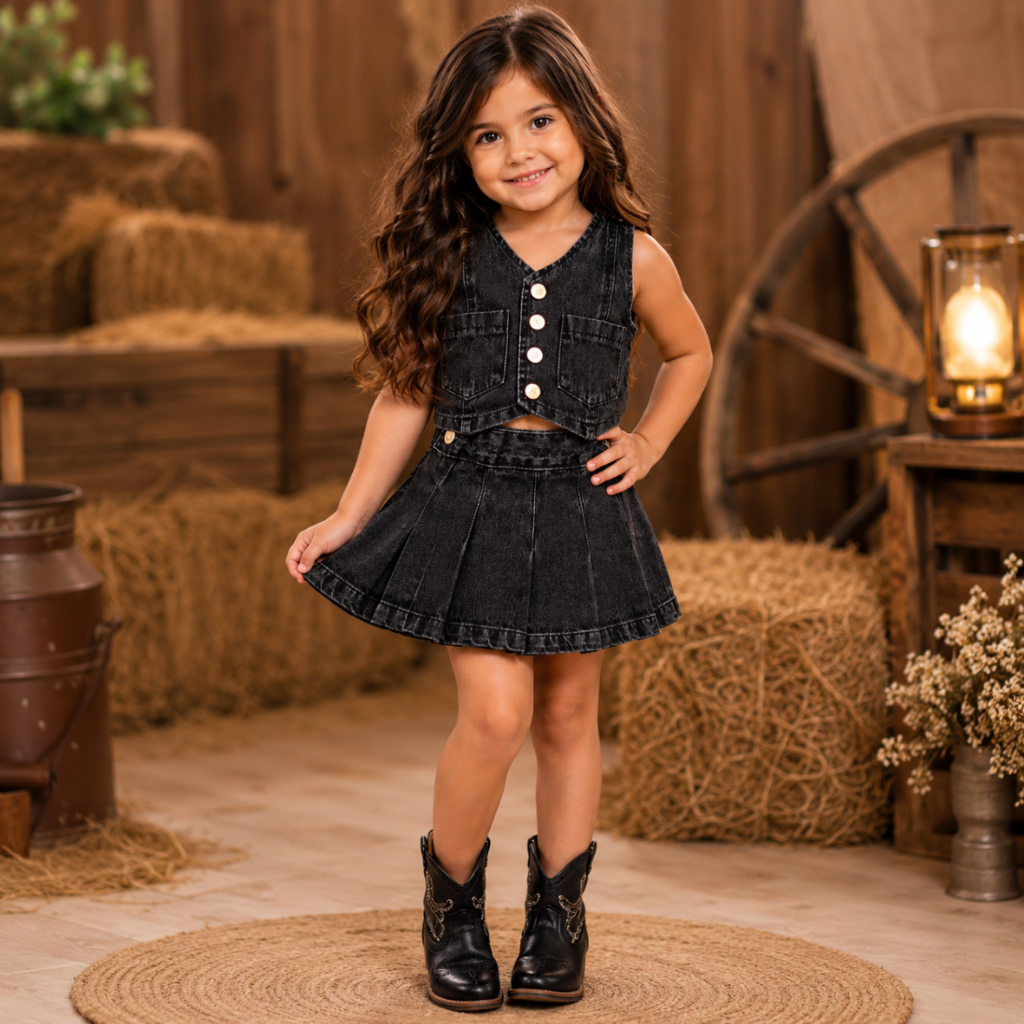 Conjunto Jeans Infantil Menina Juvenil Colete + Short Saia Plissada Colegial Rodada Country Feminino