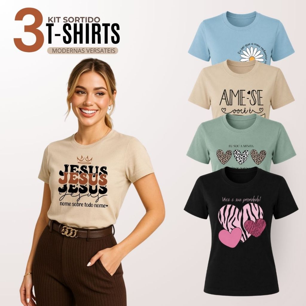 Kit 3 Blusa Feminina Manga Curta Gola Redonda Algodão Roupa Feminina
