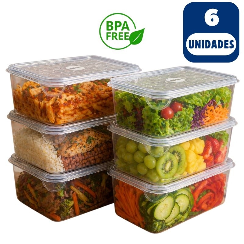 Kit 6 Potes com Tampa Transparente 3L Presídio Organizador Plástico Marmita Cozinha Armazenamento Alimentos Retangular
