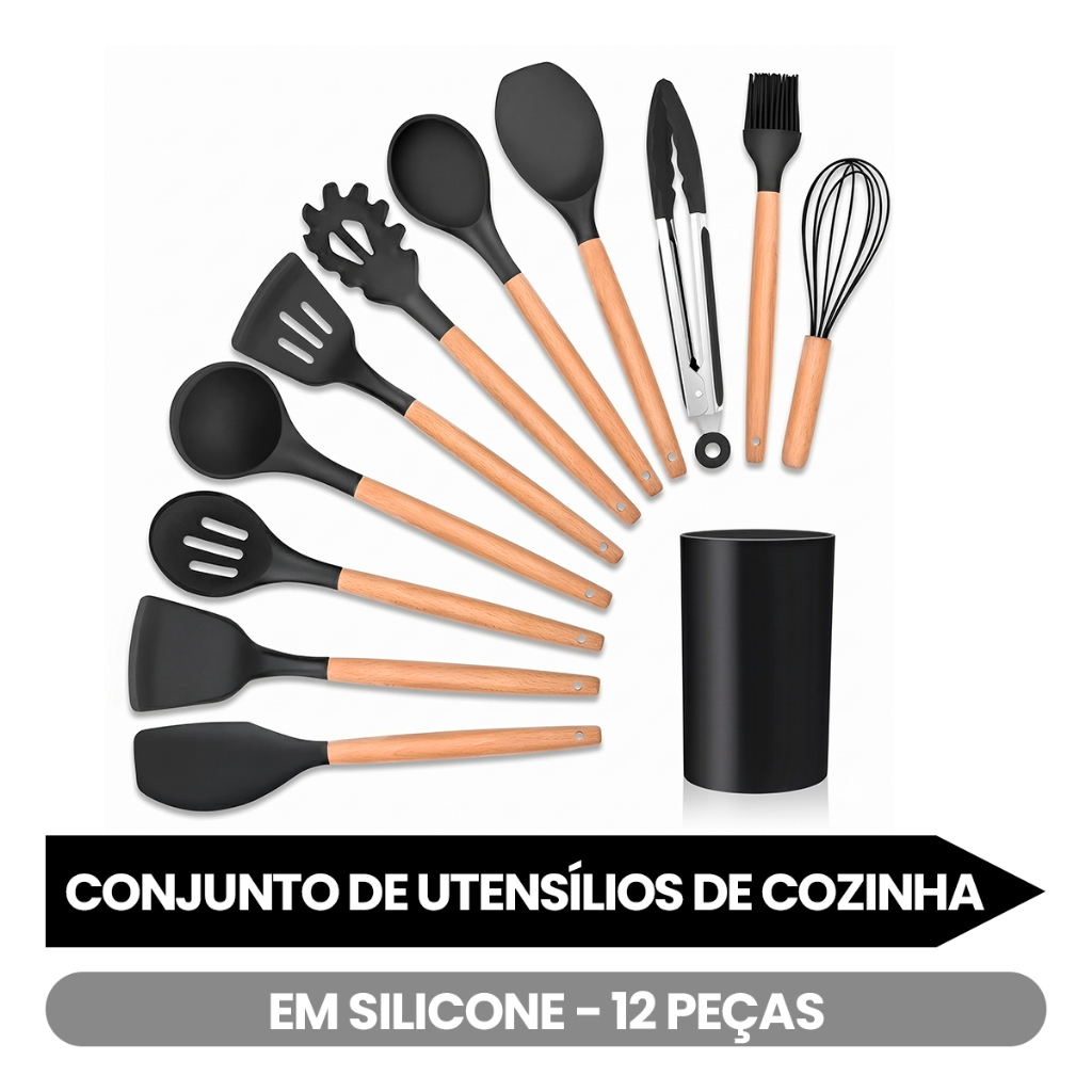Conjunto Utensílios de Cozinha Silicone 12 Peças Kit Completo para Cozinha