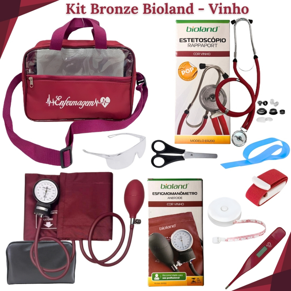 Kit Completo de Enfermagem com Bolsa Transparente, Estetoscópio Duplo, Aparelho de Pressão e Acessórios - Bronze