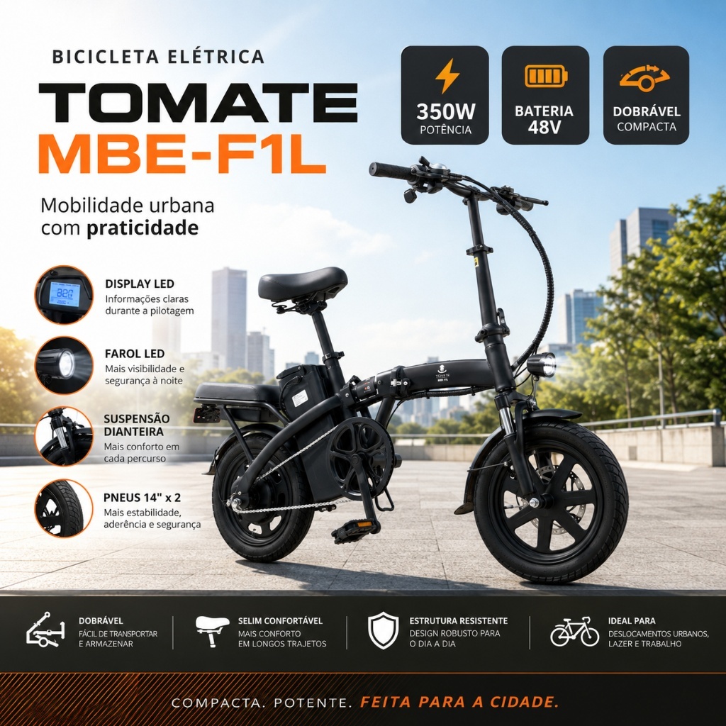 Bicicleta Elétrica Bike Dobrável 350w Bateria 48v Ate 32km