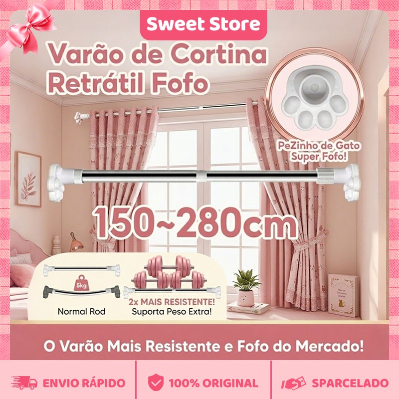 Varão de Cortina 2.8m Sem Furar Parede Patinha de Gato SEM FUROS Suporte Reforçado 2X Mais Firme Antiderrapante Banheiro