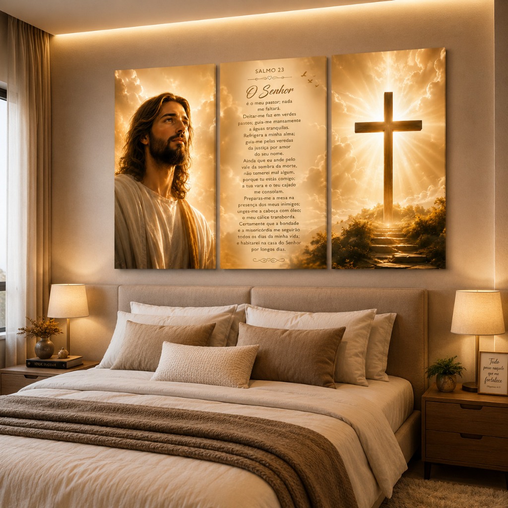 Kit 3 Quadros Jesus Salmo 23 e Cruz Decorativo Religioso