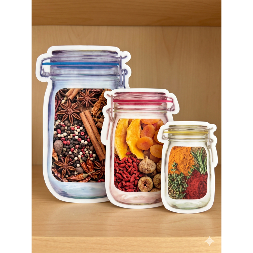 Kit 10 Sacos Zip Reutilizáveis em Formato de Pote Organizadores de Alimentos 150ml 500ml 1000ml