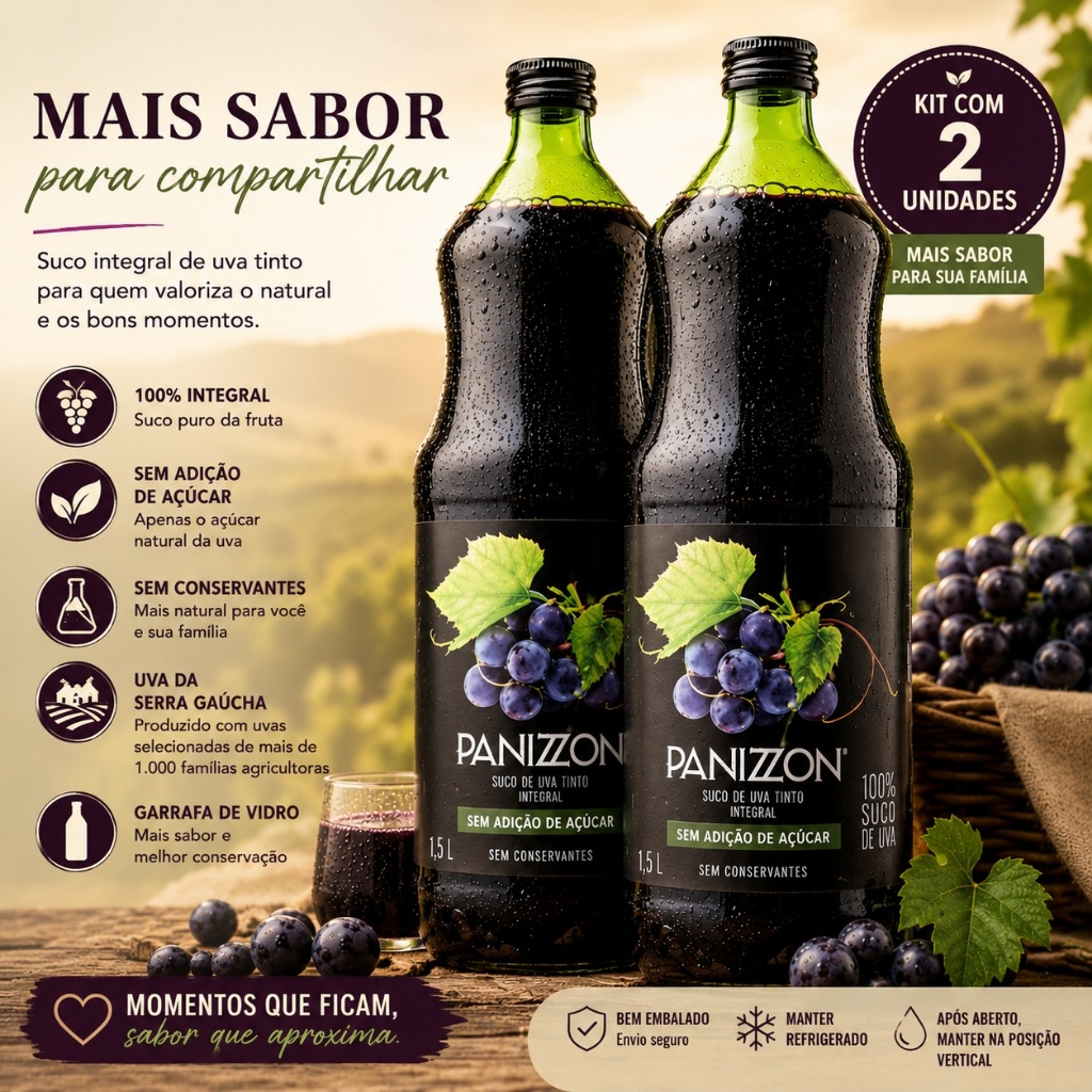 Suco de Uva 100% Integral Panizzon 1,5Lt Kit 2Un