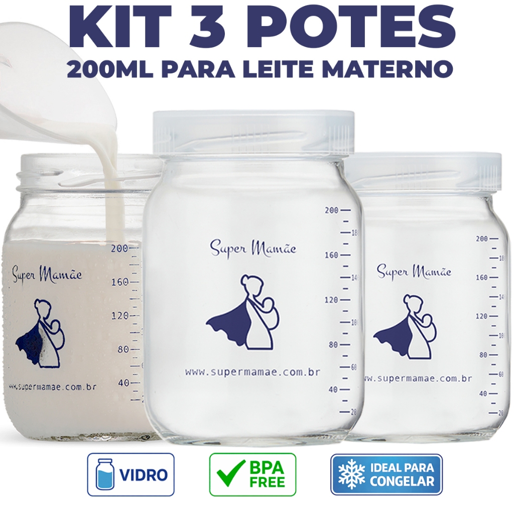 Kit com 3 Potes de Vidro para Armazenar Leite Materno 200ml Com Graduação