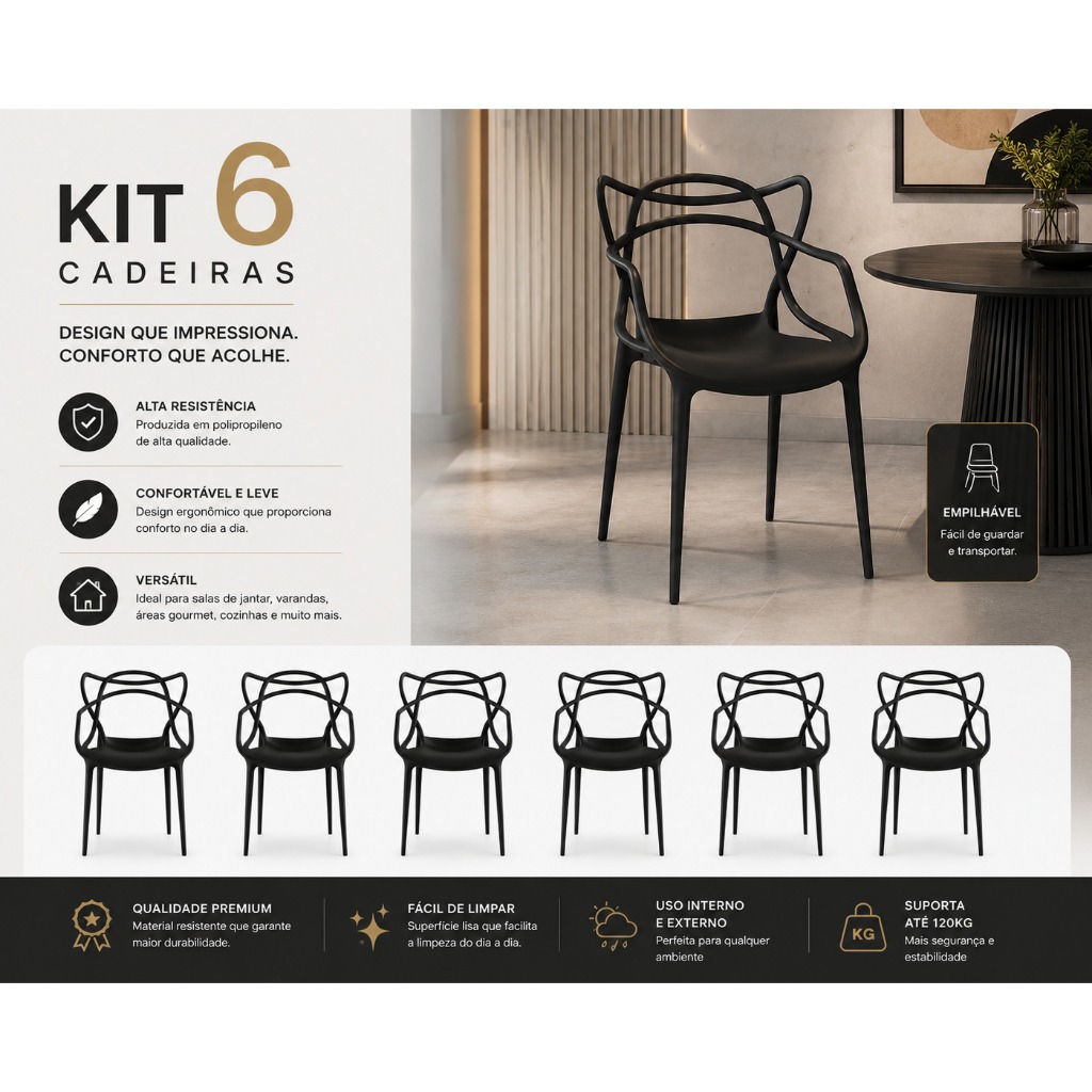 Kit 6 Cadeiras Empilháveis Minimalistas Para Ambientes Internos Externos