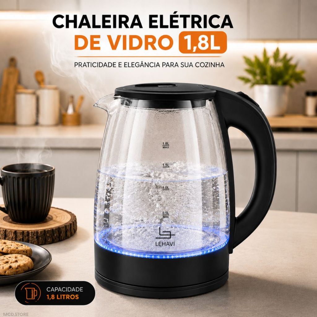 Chaleira Elétrica Vidro 1,8L 127V Jarra Ferve Água Rápido Aquecedor Café Chá Chimarrão Leite Casa Escritório Trabalho