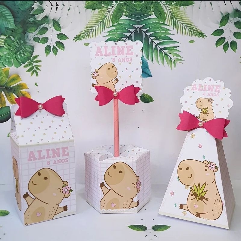 CAPIVARA pegue e monte lembrancinha festa infantil aniversário personalizado caixinhas MILK cone pirâmide centro de mesa