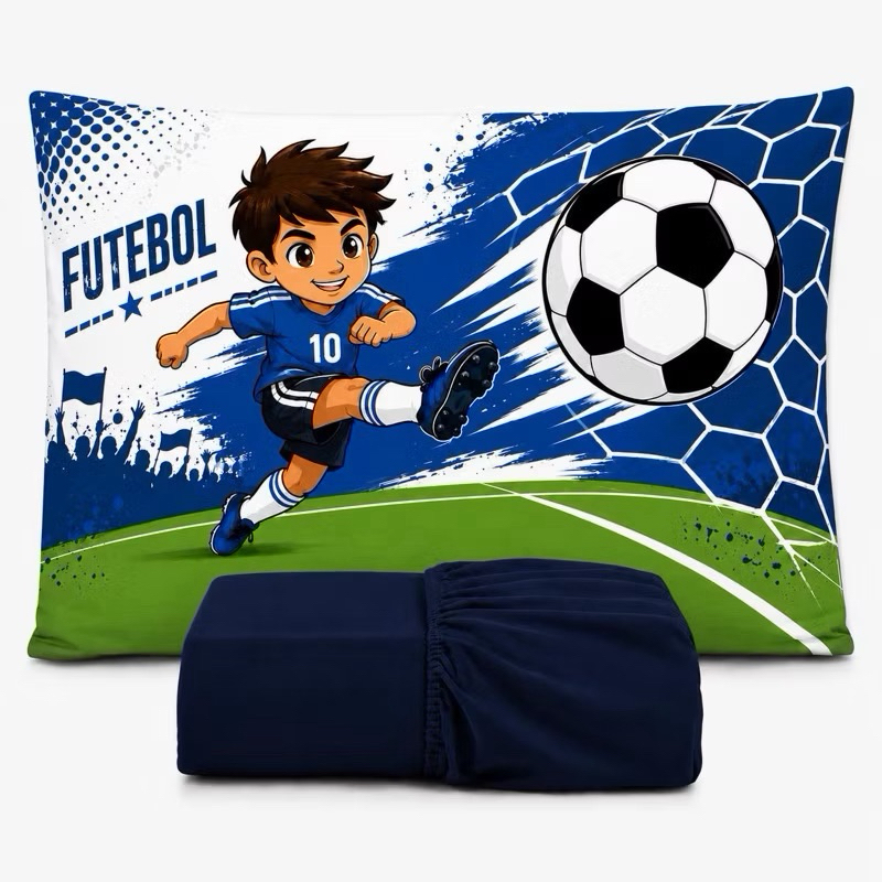 JOGO DE LENÇOL SOLTEIRO INFANTIL FUTEBOL QUARTO MENINO FRONHA TRAVESSEIRO 2 PEÇAS