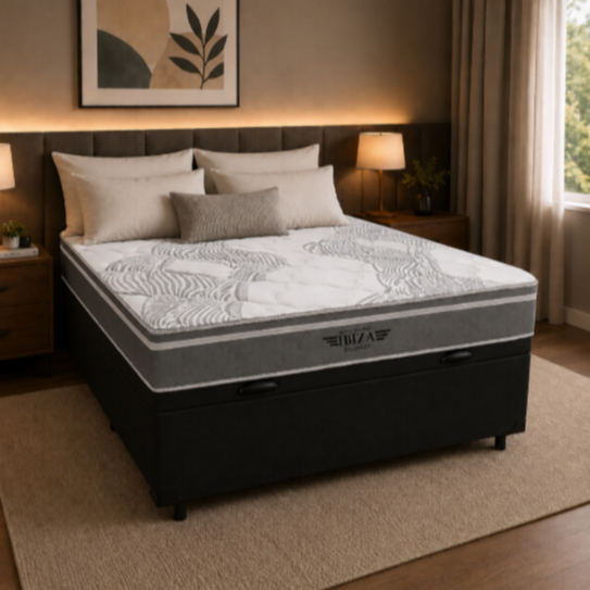 Cama Box Baú Queen Preto e Colchão Ibiza Molas Vstore