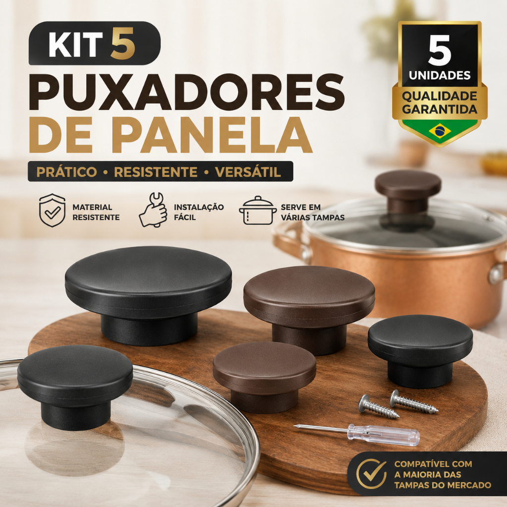 Pegador Kit 5 Pomel Preto ou Marrom + Parafuso Puxador De Tampa Panela Universal Cabo