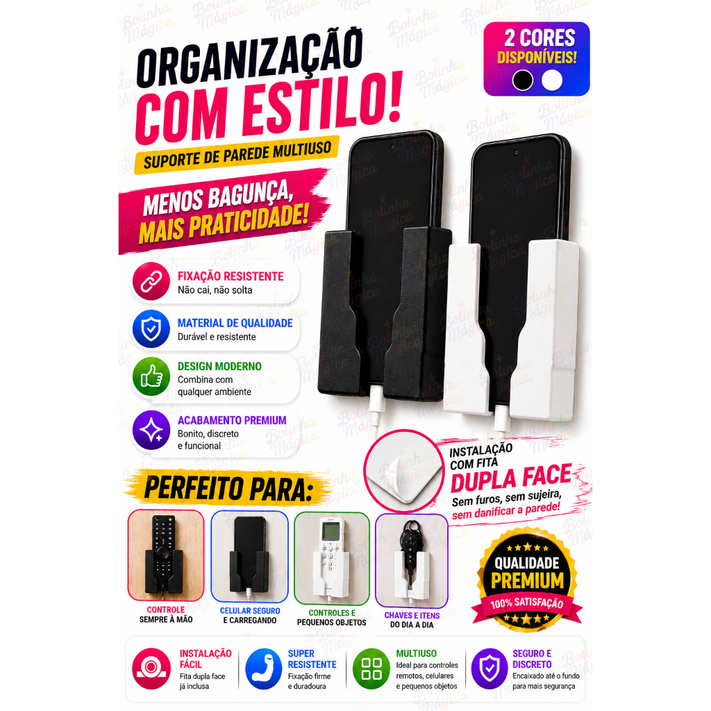Suporte multiuso Parede Celular Porta Controle Remoto PETG Resistente 3D fixação com fita duplaface