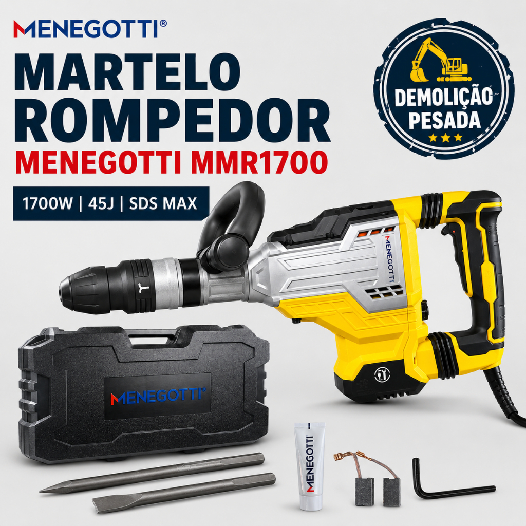 Martelo Rompedor Menegotti MMR1700 1700W 12KG 45J  SDS Max para Demolição de Concreto Piso e Estruturas