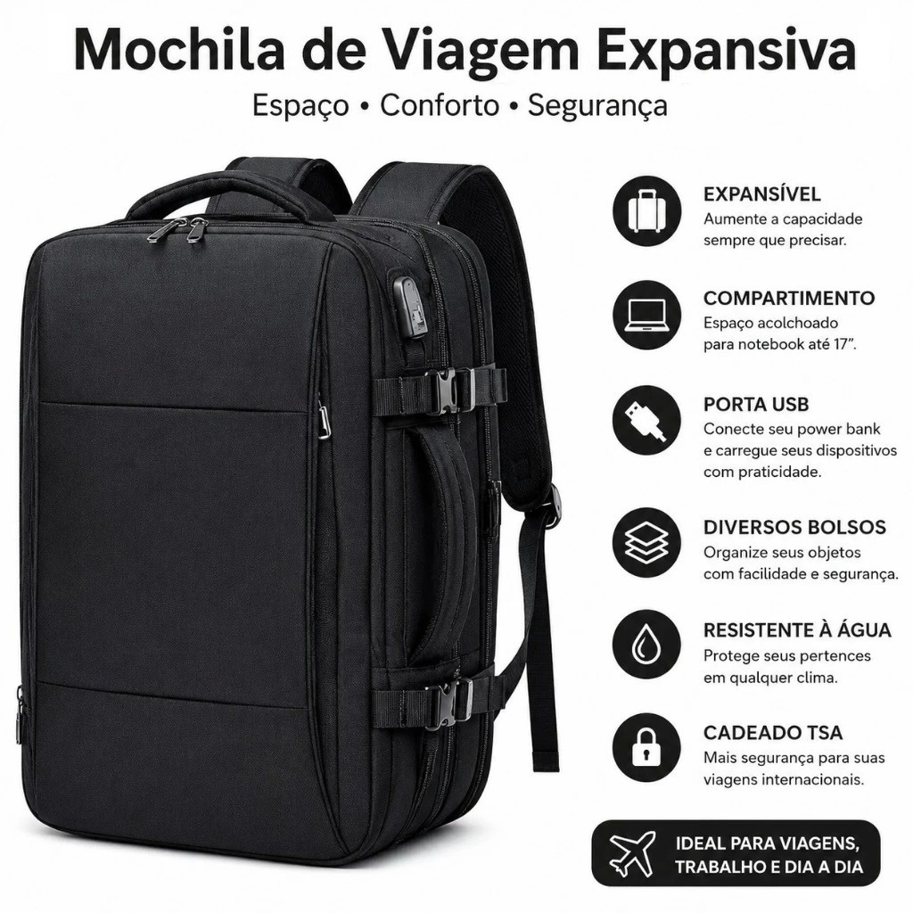Mochila de Viagem Expansiva MascuIina e Feminina ImpermeaveI Reforçada Executiva Notebook Com Senha