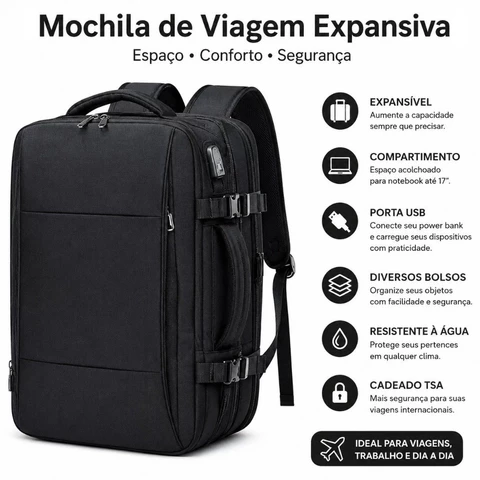 Mochila de Viagem Expansiva MascuIina e Feminina ImpermeaveI Reforçada Executiva Notebook Com Senha