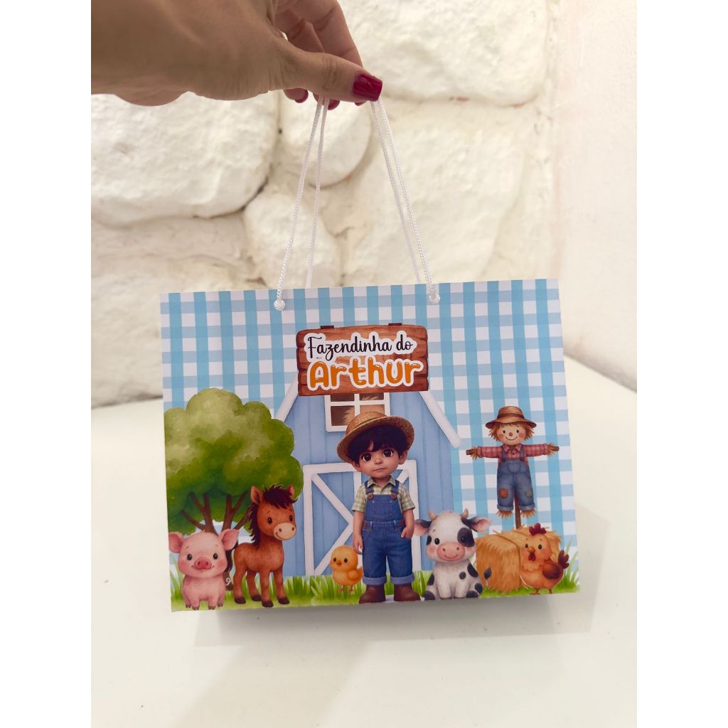 Sacolinha Personalizada G Tema Fazendinha Menino- Pegue e Monte (20x16x6,5 cm) Lembrancinha Infantil