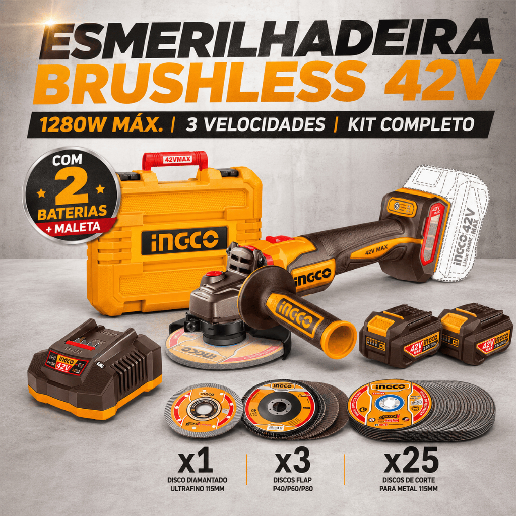 Esmerilhadeira Angular Brushless INGCO 42V 115mm 1280W com 2 Baterias Maleta e Discos
