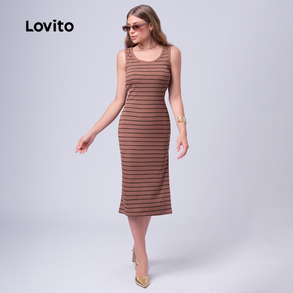 Lovito Vestido Feminino Midi Básico Listrado com Fenda Lateral DRB1BRL012