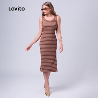 Lovito Vestido Feminino Midi Básico Listrado com Fenda Lateral DRB1BRL012