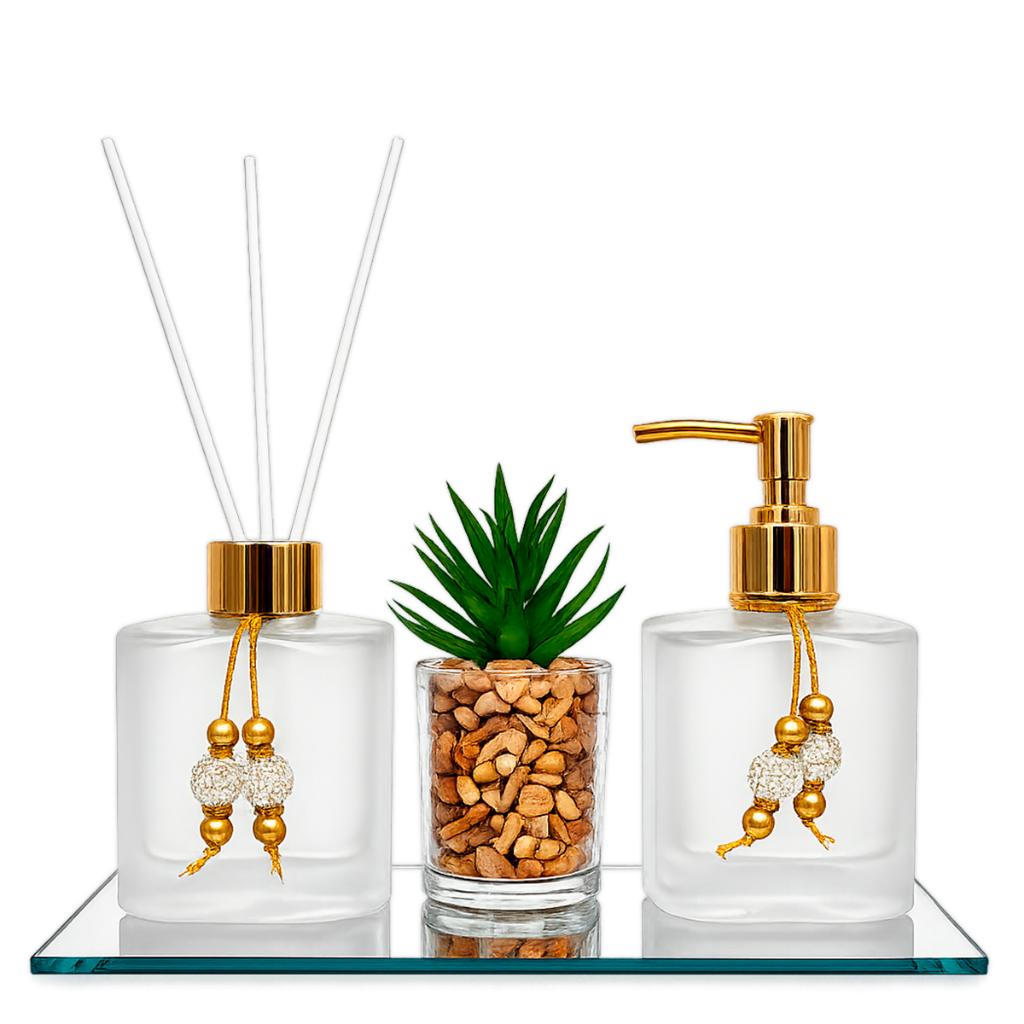 Kit Lavabo Vidro Porta Sabonete Líquido, Difusor, Varetas Fibra de Algodão, Banheiro Decorado, 7 Peças de Alta Qualidade