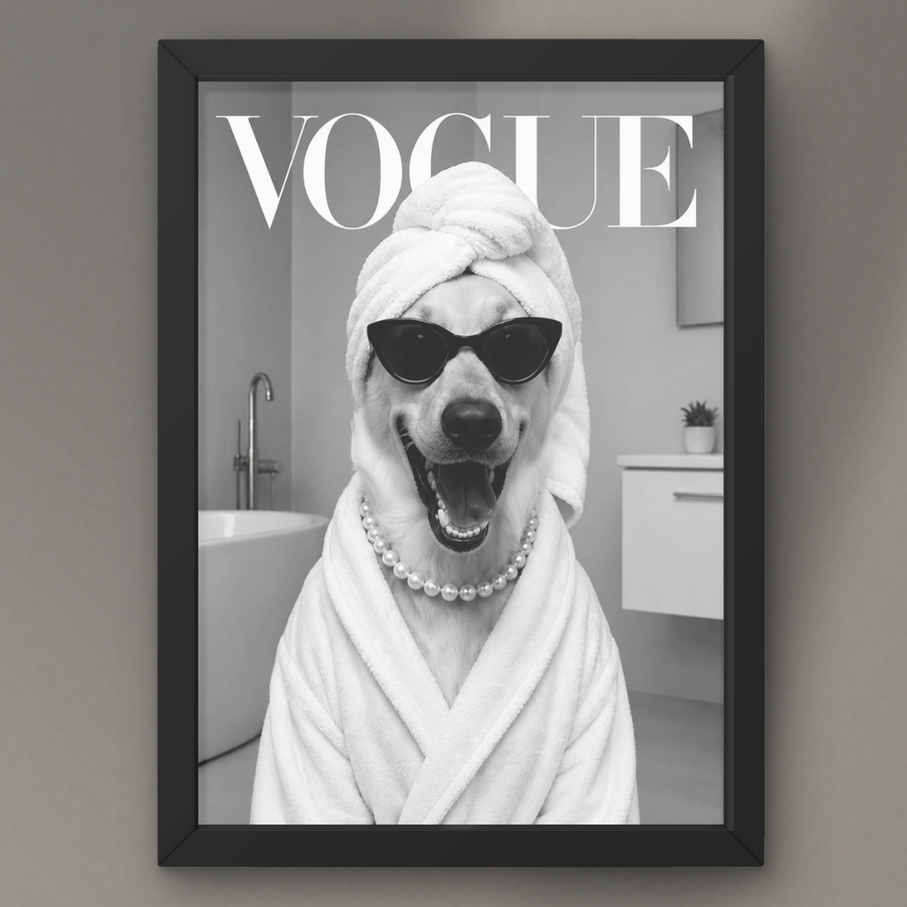 Quadro Placa Decorativo Personalizado Vogue Animal Cachorro Estilo Moda Elegante Capa de Revista