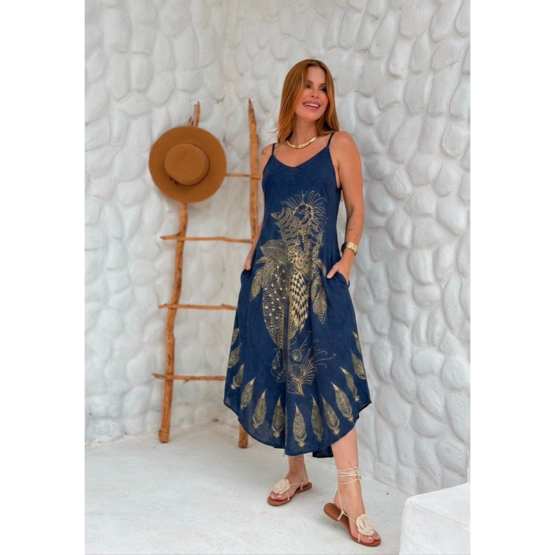 VESTIDO LONGO INDIANO TRAPEZIO ESTAMPAS E LISO