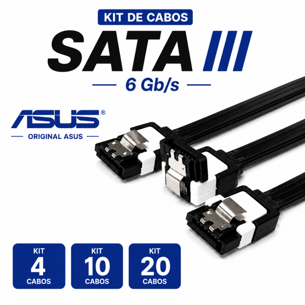 Kit 4, 10 e 20 Cabos SATA III 6 Gb/s com Trava ASUS Original Conectores Reto + 90° para HD/SSD Preto + Detalhe em Branco