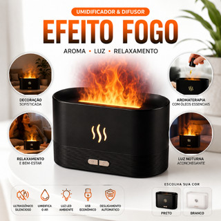 Umidificador Difusor de Ar • Efeito Fogo/Fumaça com Luz Noturna LED • Ultrassônico e Aromaterapia