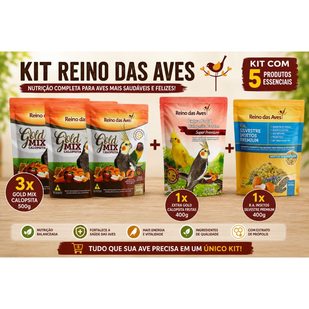 Kit 3x Calopsita Gold Mix 500gr + 1 Extra Gold Calopsita Frutas 500gr + 1x R.a Insetos Premium 500gr