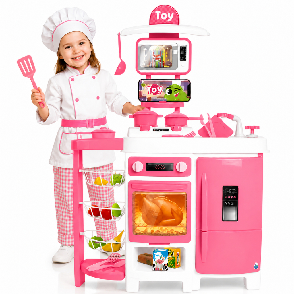 Cozinha Infantil Grande Com Geladeira Completa 92 CM Sai Água de Verdade Fruteira Forno Fogão Rosa