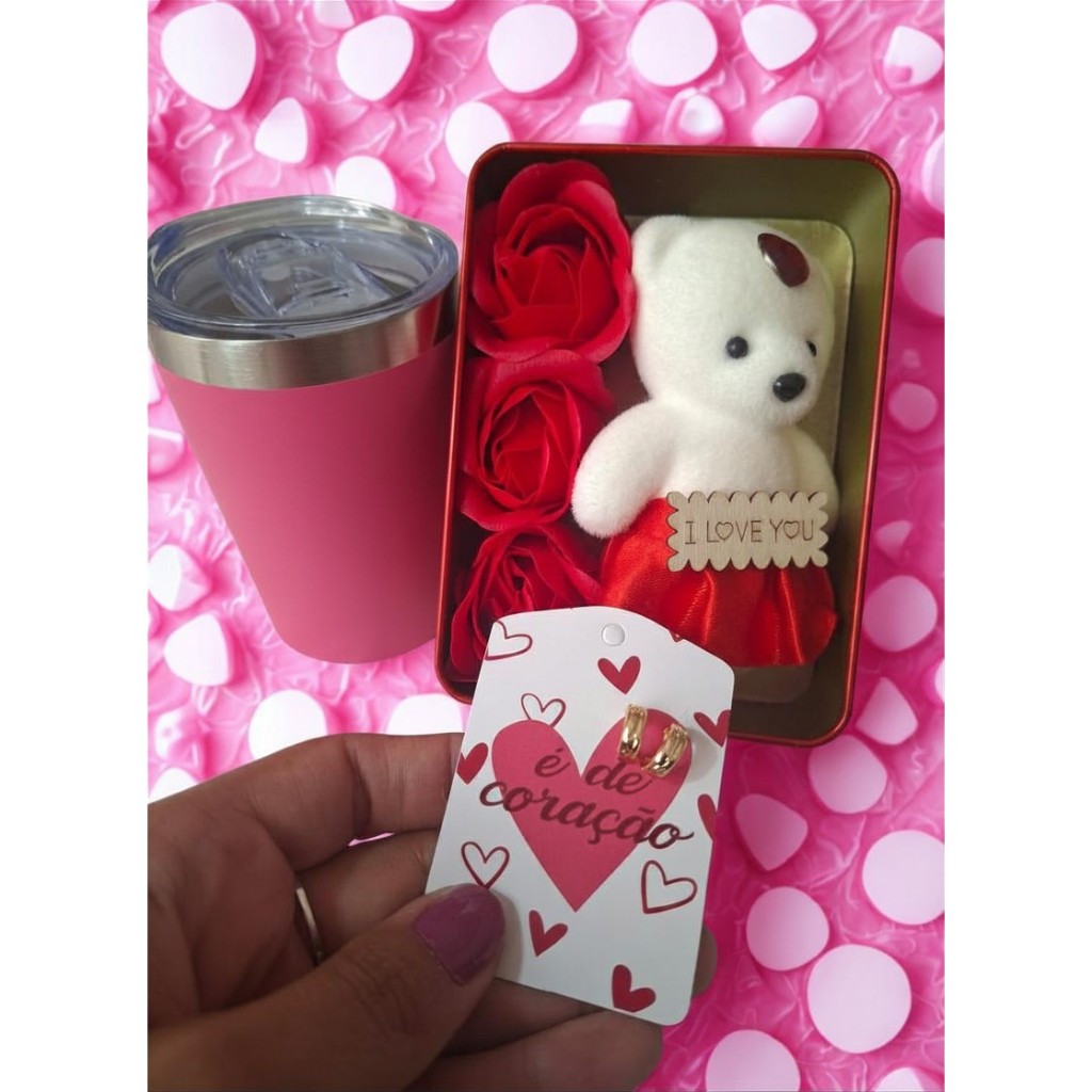 **KIT 3 PRESENTES DIA DOS NAMORADOS**  URSO -CAIXA DE PRESENTE - ROSAS ROMÂNTICO- BRINCO- COPO TÉRMICO 260ML*