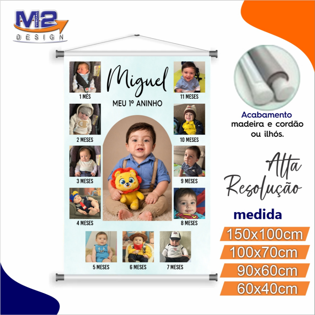 Banner aniversário 1 aninho bebê criança primeiro ano fotos meses - várias medidas