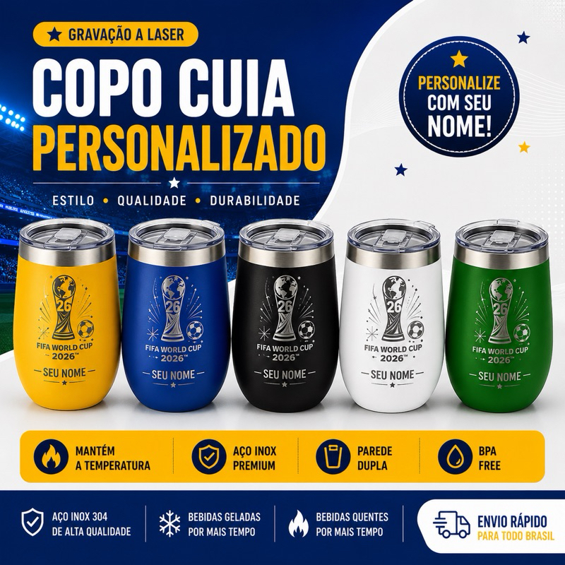 Copo Térmico 360ml Copa do Mundo 2026 Personalizado com Nome Gravação a Laser Premium Time do Brasil Futebol