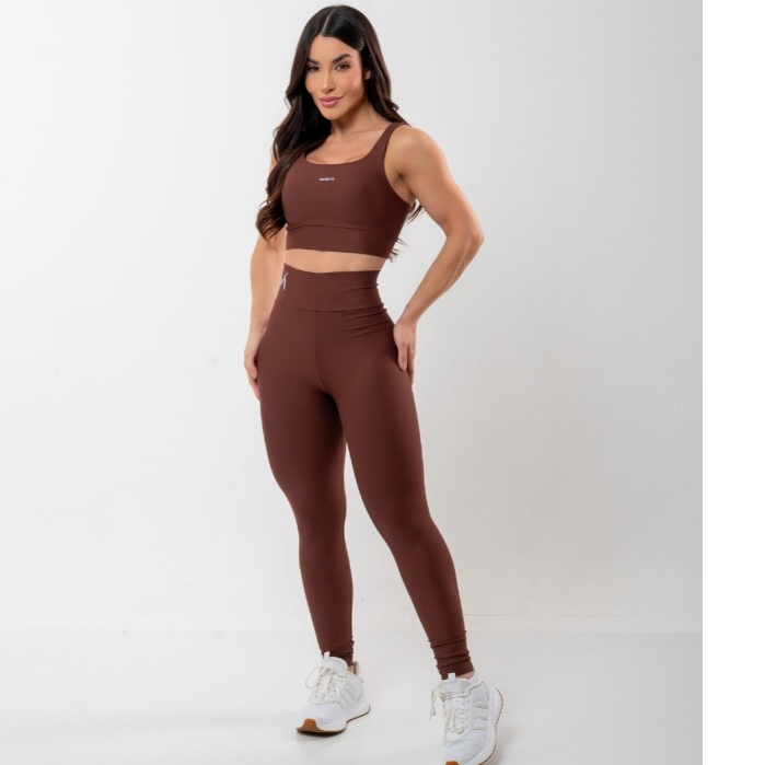Conjunto de Academia Feminino Top Fitness e Legging Cintura Alta Zero Transparência Poliamida