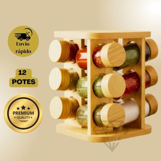 Porta Condimentos E Temperos de Bambu Premium 12 16 Potes De Vidro Com Tampa Dosadora Base Giratória Para Cozinha