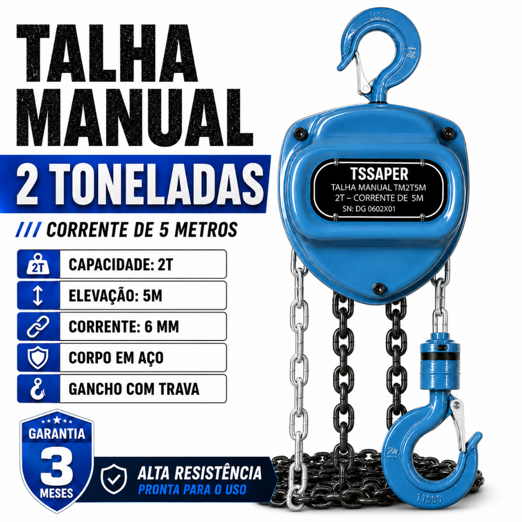 Talha Guincho Manual 2 Tonelada 2000kg Corrente 5m com Freio Duplo - TSSAPER