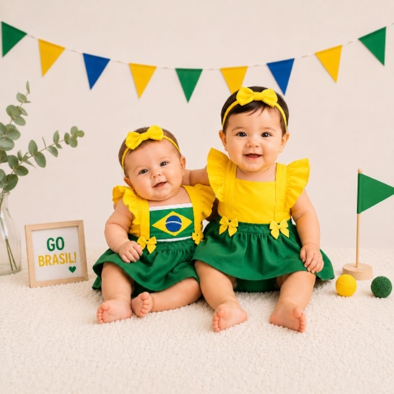Jardineira Romper Body Brasil Copa do Mundo Bebe Menina Brazil Futebol Roupa Copa menina