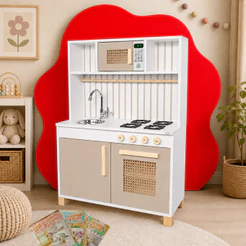 Cozinha Infantil Retro Pia Fogão Microondas Madeira Faz de Conta Chef Brinquedo Criança Kit Livro