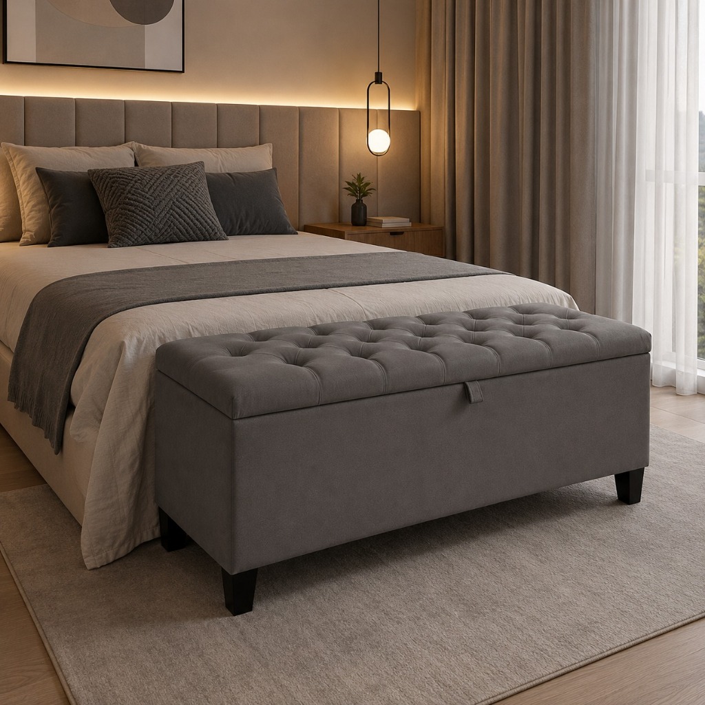 Baú Estofado Grande Para Guardar Objetos Banco Decorativo Moderno Cinza 120cm