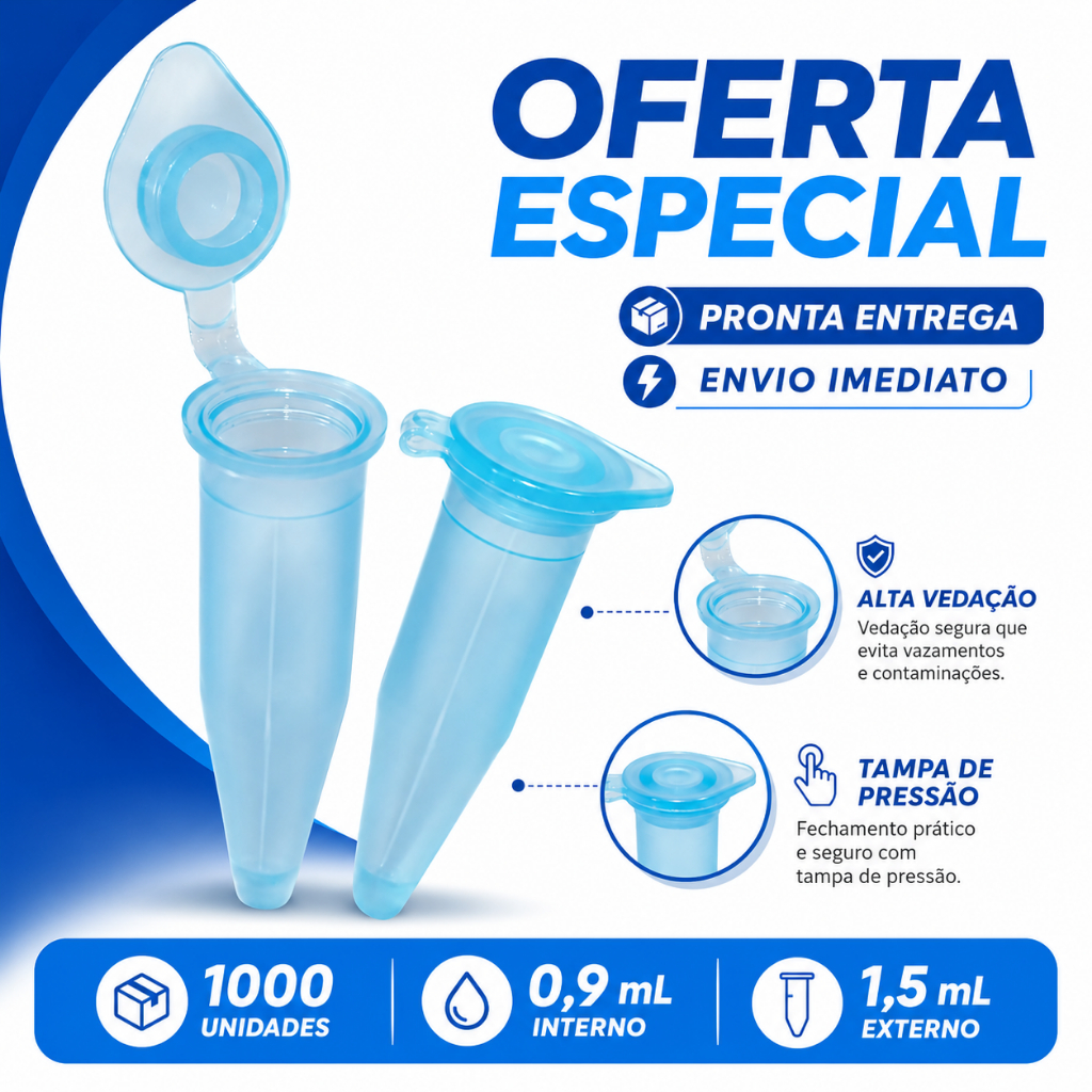 Microtubo 0,9ml Interno 1,5ml Externo Azul Alta Vedação Pacote Com 1000 Unidades