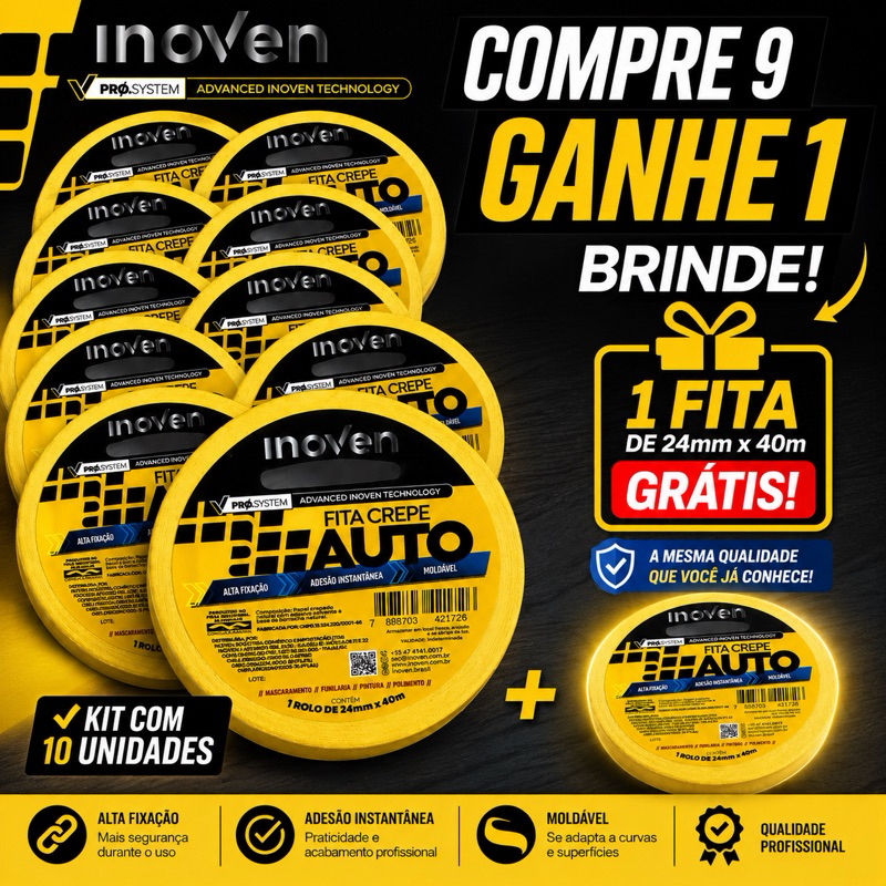 Kit 10 Fitas Crepe Automotiva 24mm x 40m Inoven Alta Fixação + 1 Grátis Profissional