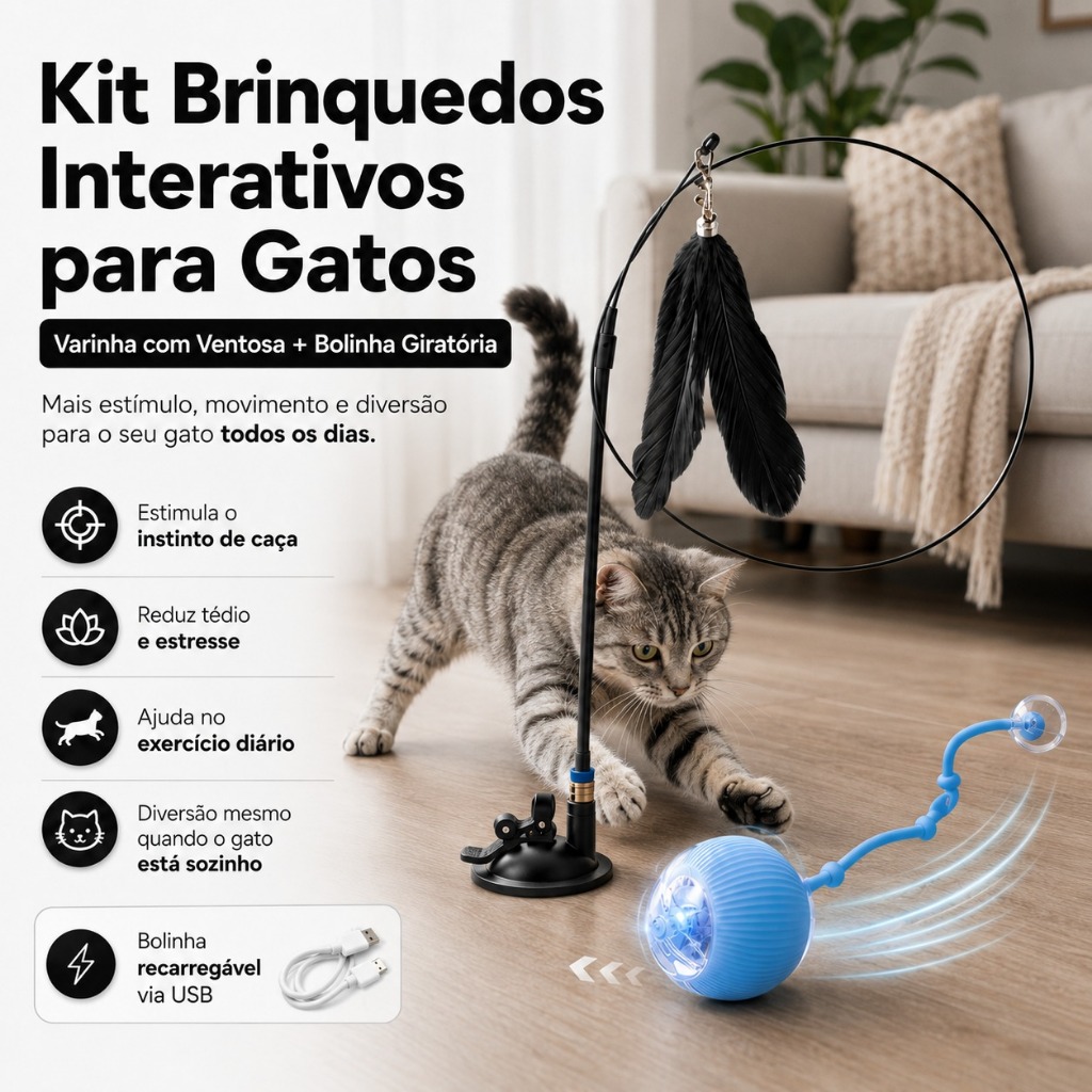 Kit Varinha Ventosa Fixa + Bolinha Giratoria Automatica Pet Gato Cachorro Interativa Antiestresse